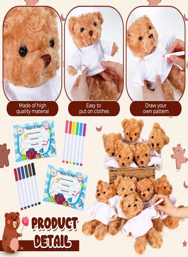 Blueweenly 40 Pcs Valentine Day Make Your Own Stuffed Bear Kit DIY Valentines Plush Gift 10 Pcs 9.84 Inches Rose Velvet Bear 10 White T Shirt 10 Set 12 Color Watercolor Pen 10 Paper Card(Brown) - Image 3